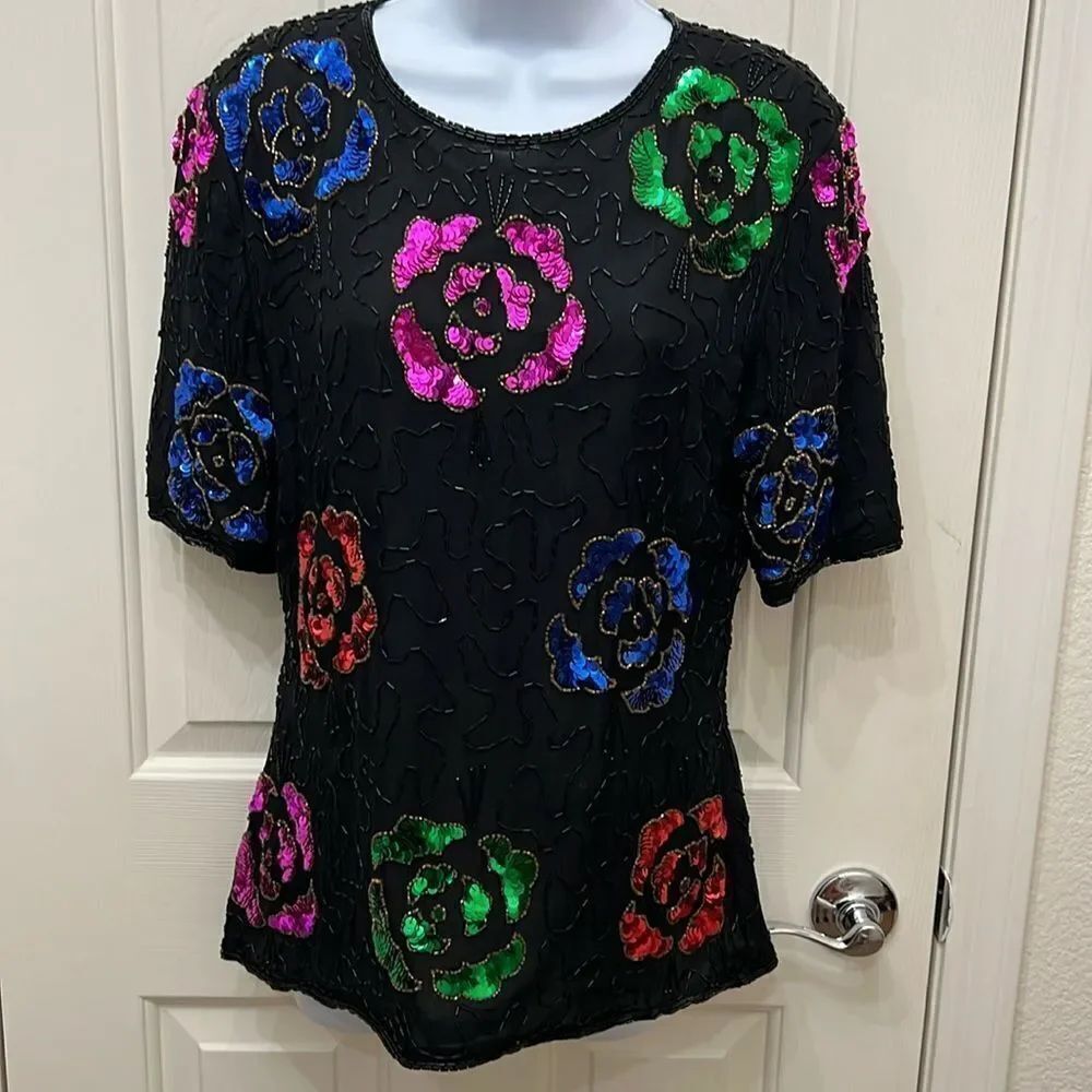 Vintage Stenay Womens Top Sz M Short Sleeve Sequin Beaded Scoop Neck Formal